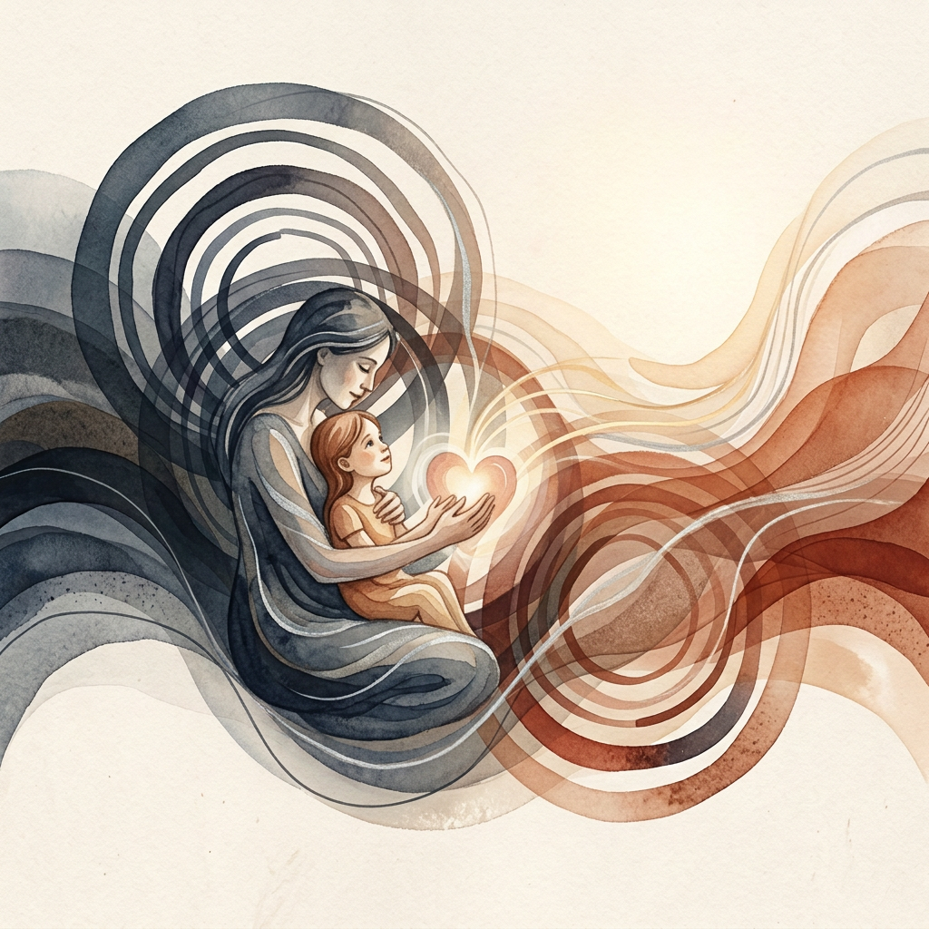 Abstract overlapping circles and flowing waves in charcoal, gray, and rust tones