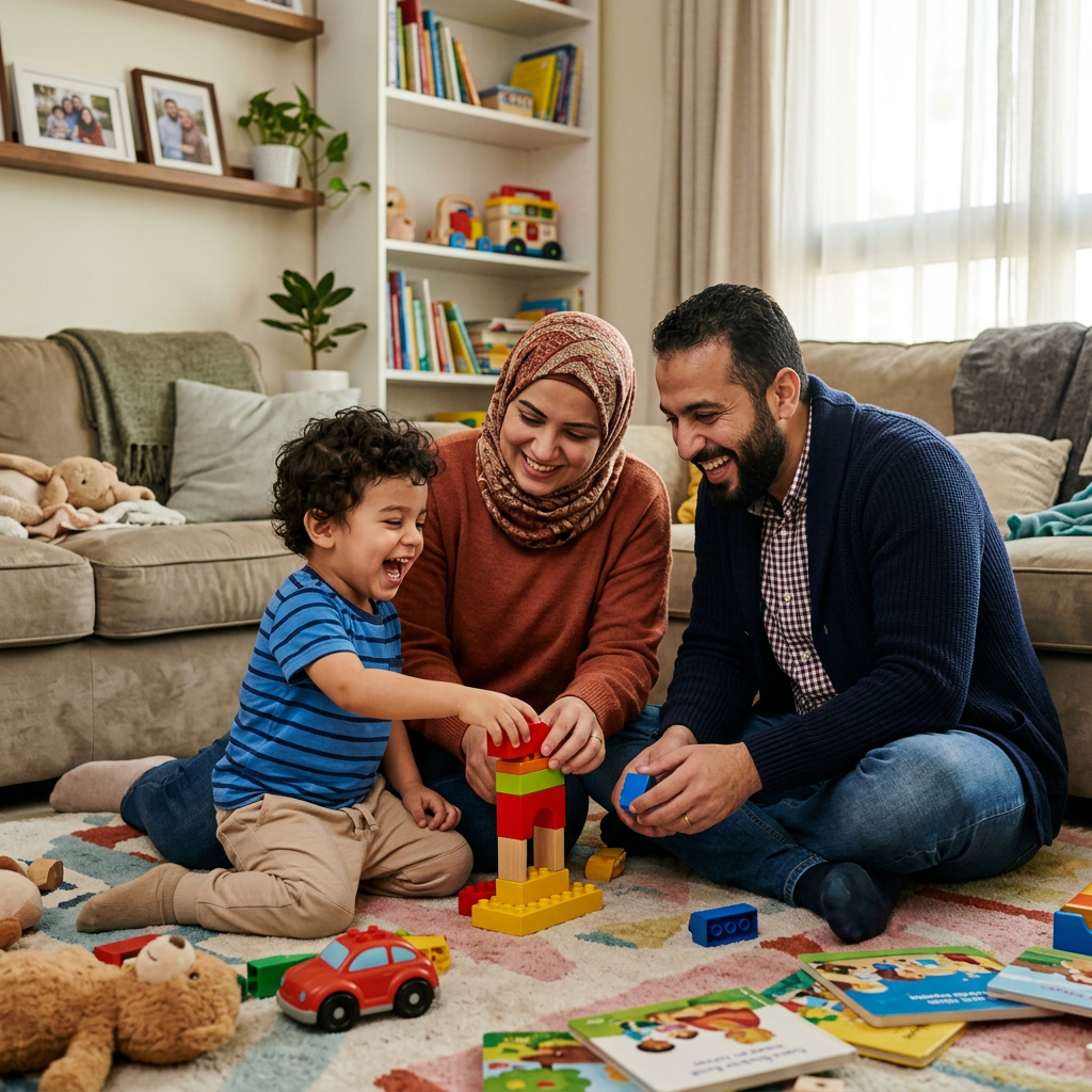 Parents and child laughing while building a colorful block tower