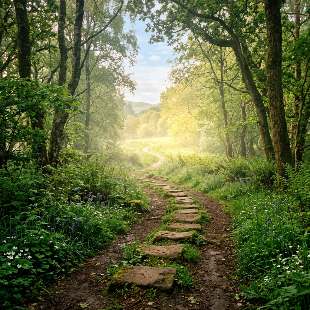 Mossy stone path winding through a lush forest toward sunlit hills