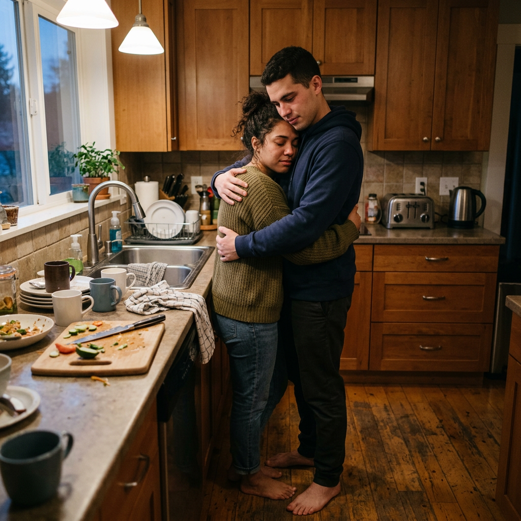 Couple embracing in a warmly lit kitchen beside the sink