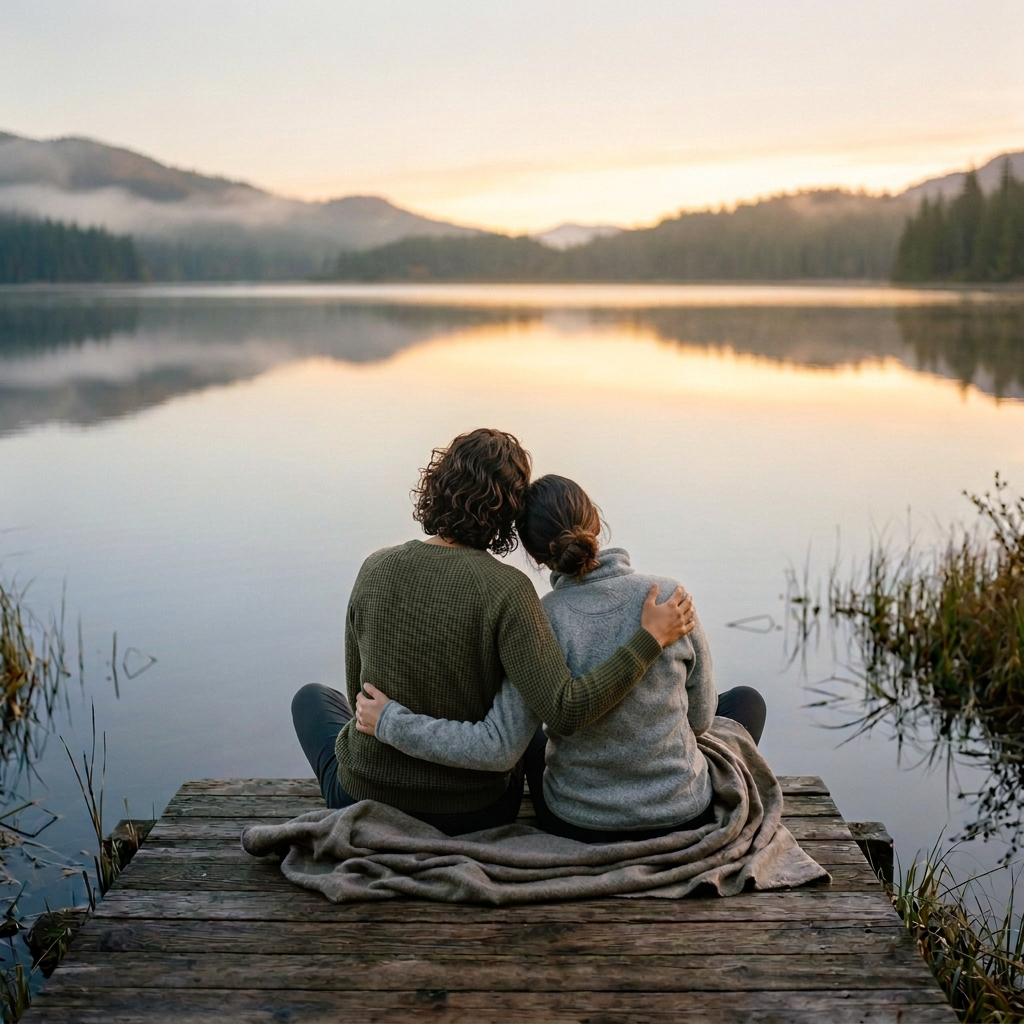 Couple sitting together on a dock overlooking a misty mountain lake